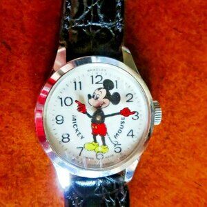 Vint 60’S BRADLEY WALT DISNEY Mickey Mouse Swiss Watch Black Leather Band Unisex